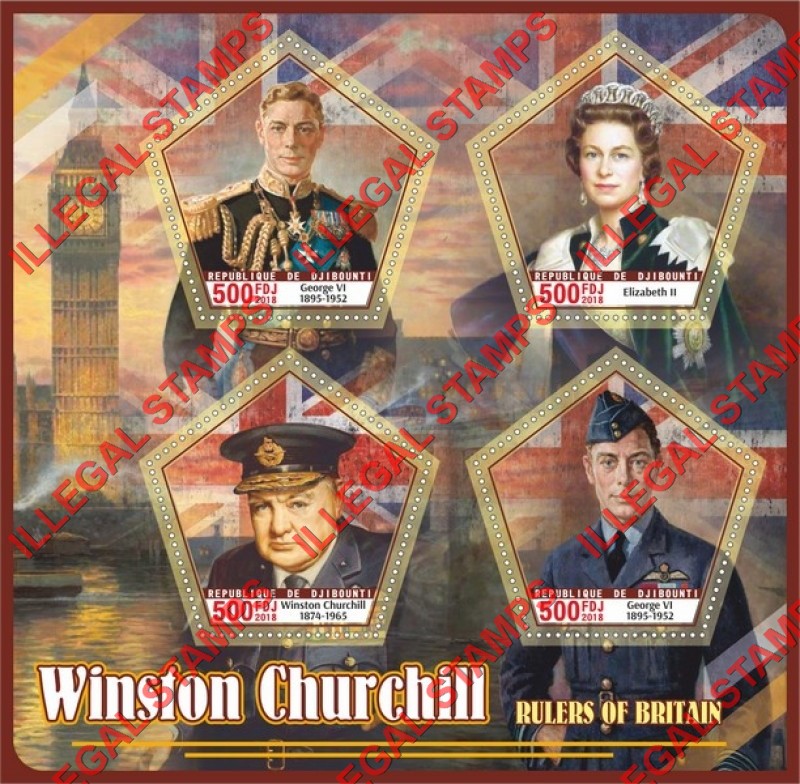 Djibouti 2018 Winston Churchill and Rulers of Britain Illegal Stamp Souvenir Sheet of 4